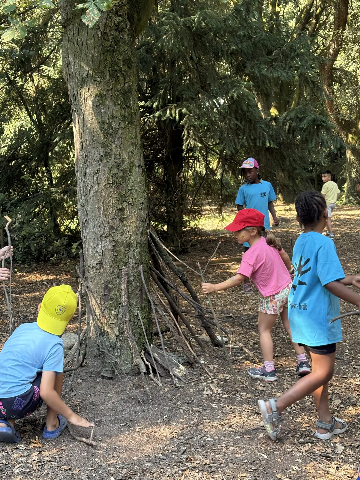 Infants construint una cabana de branques al peu d'un arbre