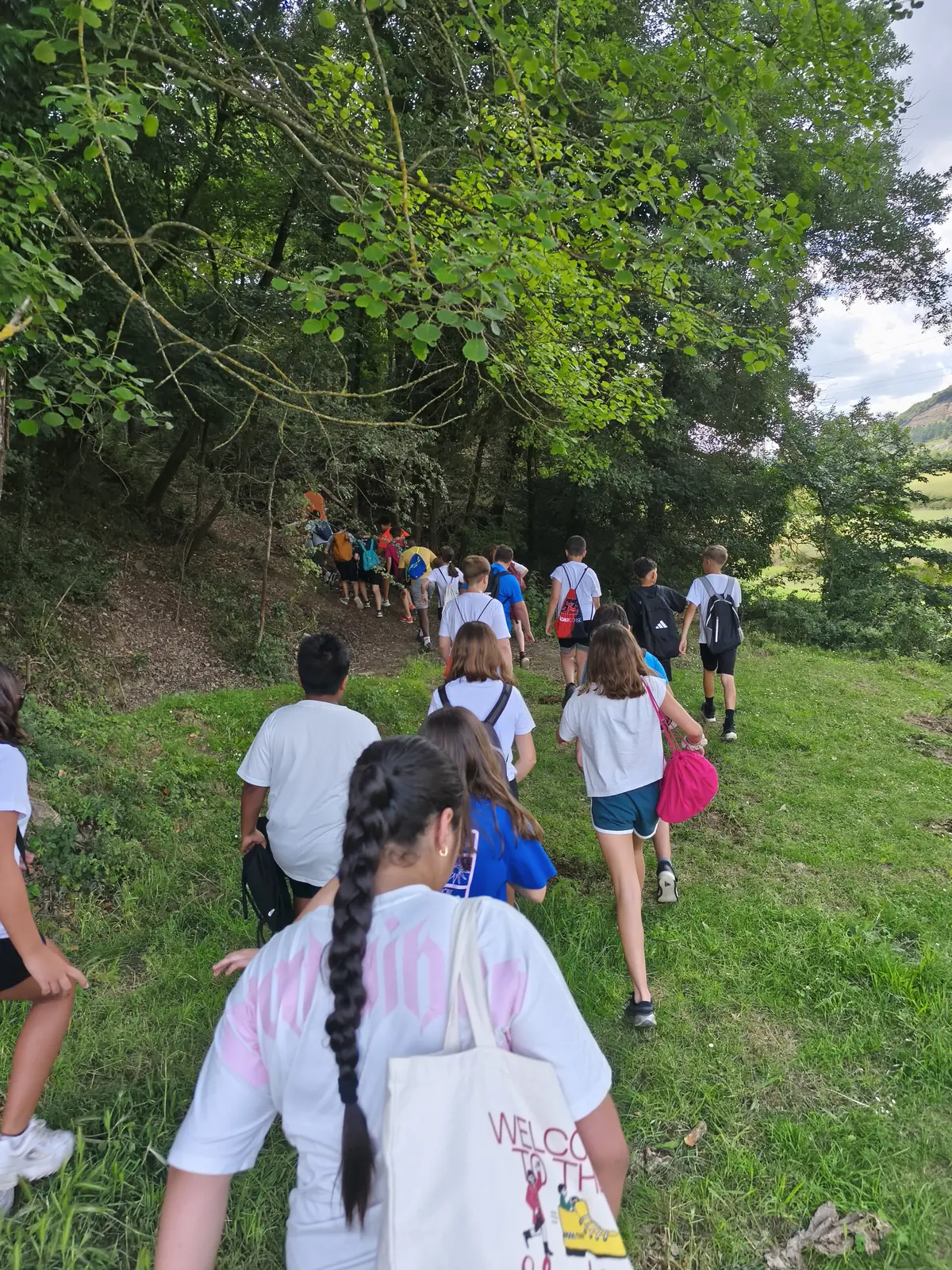 Un grup d'infants puja per un camí de bosc, d'esquena, en una sortida de colònies